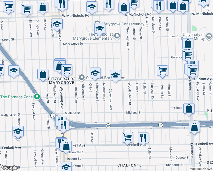 map of restaurants, bars, coffee shops, grocery stores, and more near 15895 Cloverlawn Avenue in Detroit