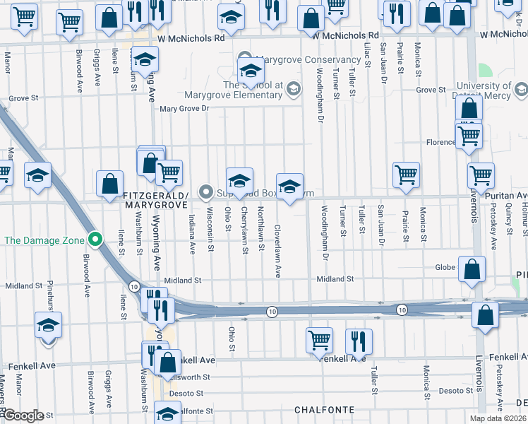 map of restaurants, bars, coffee shops, grocery stores, and more near 8419 Puritan Avenue in Detroit