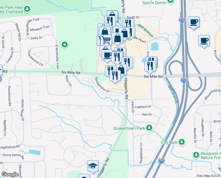 map of restaurants, bars, coffee shops, grocery stores, and more near 39404 Springwater Drive in Northville
