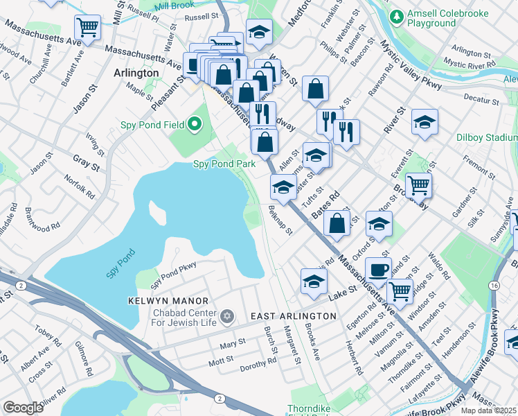 map of restaurants, bars, coffee shops, grocery stores, and more near 36 Hamilton Road in Arlington