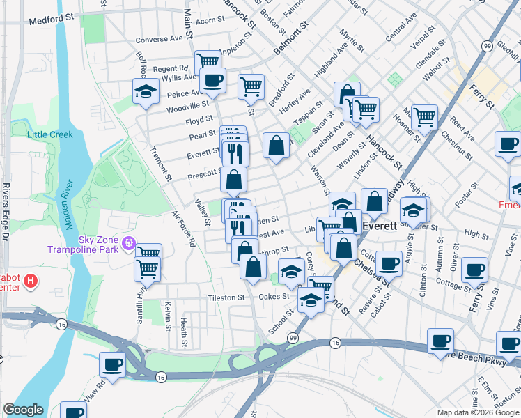 map of restaurants, bars, coffee shops, grocery stores, and more near 74 Baldwin Avenue in Everett