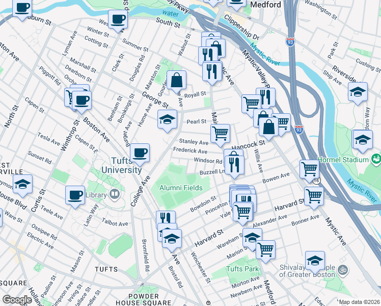 map of restaurants, bars, coffee shops, grocery stores, and more near 61 Frederick Avenue in Medford