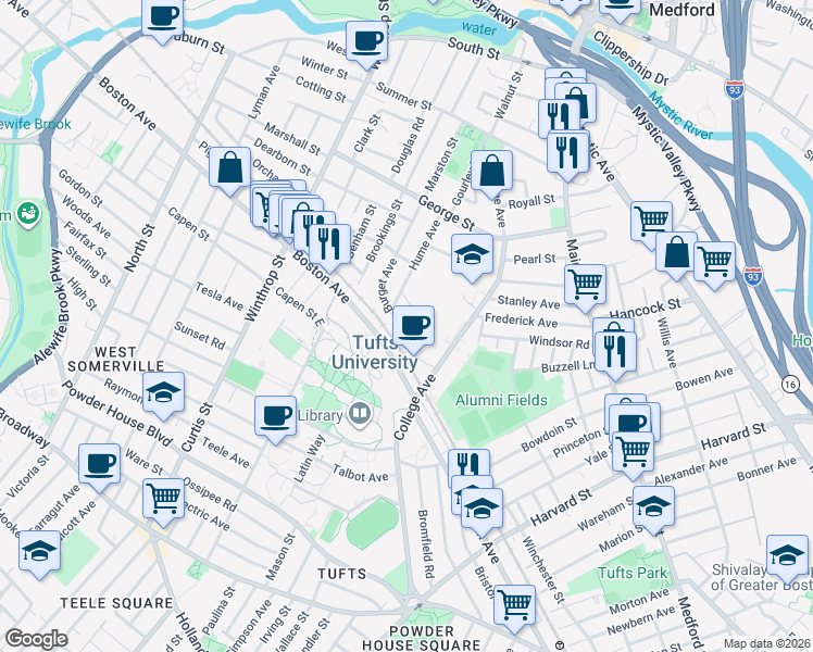 map of restaurants, bars, coffee shops, grocery stores, and more near 34 Sunset Avenue in Medford