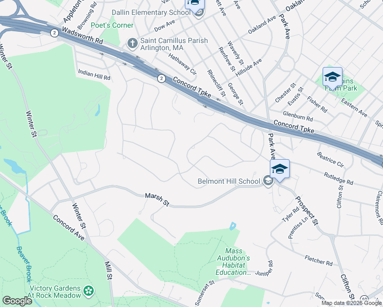 map of restaurants, bars, coffee shops, grocery stores, and more near 66 Crestview Road in Belmont