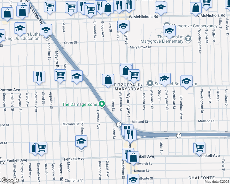 map of restaurants, bars, coffee shops, grocery stores, and more near 10101 Puritan Avenue in Detroit