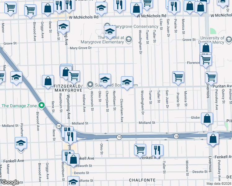 map of restaurants, bars, coffee shops, grocery stores, and more near 8419 Puritan Avenue in Detroit