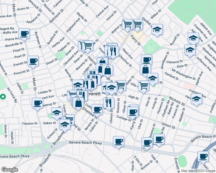 map of restaurants, bars, coffee shops, grocery stores, and more near 8 Hampshire Street in Everett