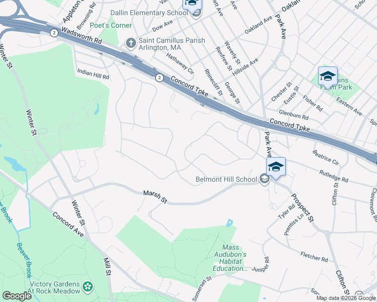 map of restaurants, bars, coffee shops, grocery stores, and more near 66 Crestview Road in Belmont