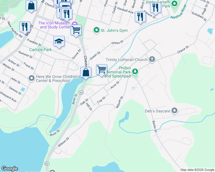 map of restaurants, bars, coffee shops, grocery stores, and more near 147 1/2 Oak Street in Clinton