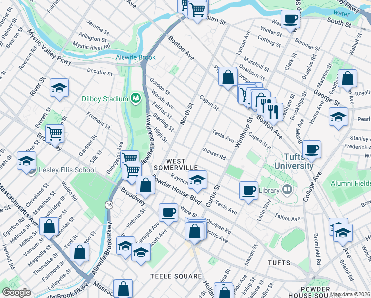 map of restaurants, bars, coffee shops, grocery stores, and more near 106 Adams Street in Somerville