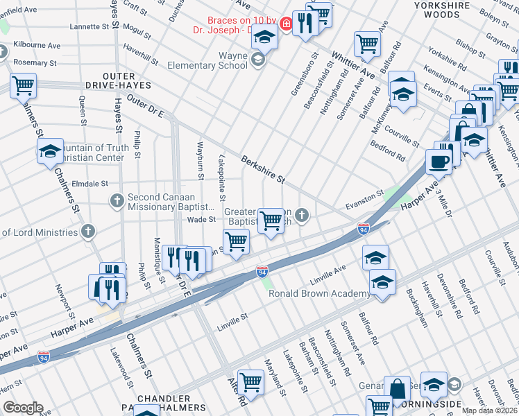 map of restaurants, bars, coffee shops, grocery stores, and more near 9425 Beaconsfield Street in Detroit