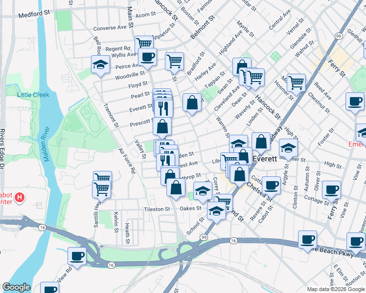 map of restaurants, bars, coffee shops, grocery stores, and more near 75 Baldwin Avenue in Everett