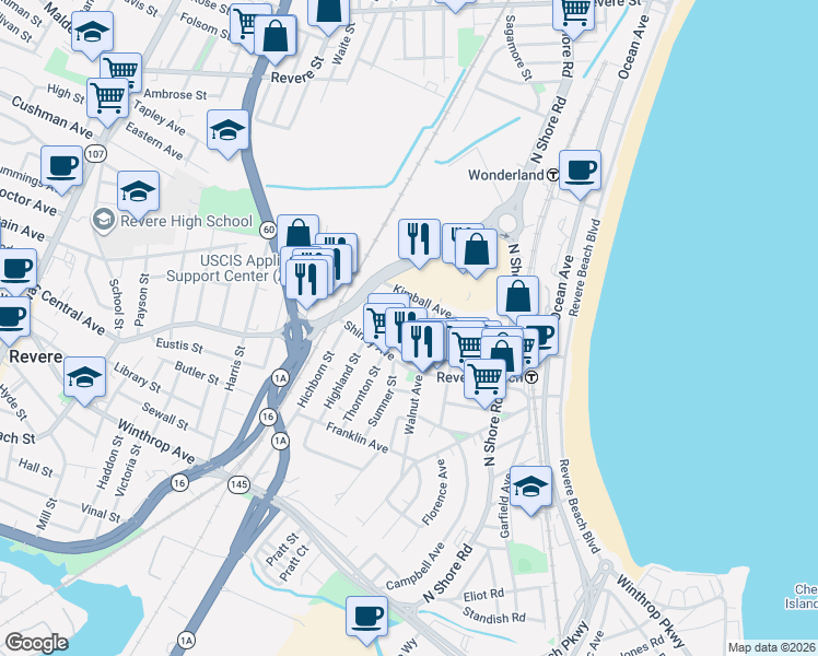 map of restaurants, bars, coffee shops, grocery stores, and more near 537 Beach Street in Revere