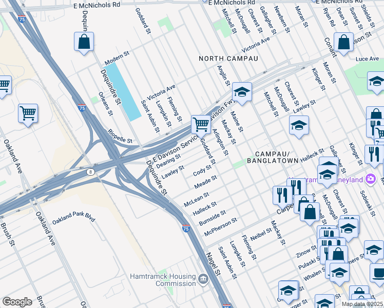 map of restaurants, bars, coffee shops, grocery stores, and more near 2096 Dearing Street in Hamtramck
