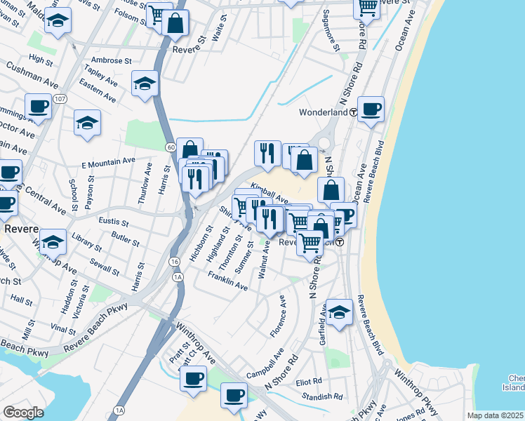 map of restaurants, bars, coffee shops, grocery stores, and more near 537 Beach Street in Revere