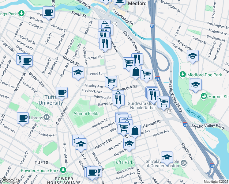 map of restaurants, bars, coffee shops, grocery stores, and more near 10 Hancock Street in Medford
