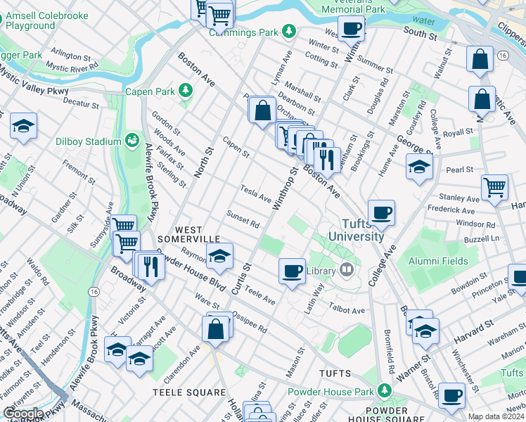 map of restaurants, bars, coffee shops, grocery stores, and more near 9 Upland Road in Somerville