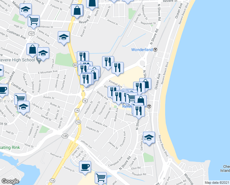 map of restaurants, bars, coffee shops, grocery stores, and more near 537 Beach Street in Revere