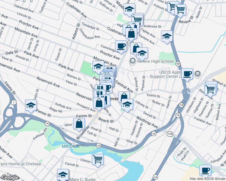 map of restaurants, bars, coffee shops, grocery stores, and more near 25A Central Avenue in Revere