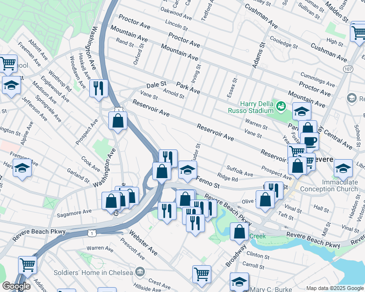 map of restaurants, bars, coffee shops, grocery stores, and more near 256 Prospect Avenue in Revere