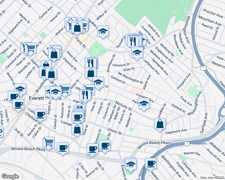 map of restaurants, bars, coffee shops, grocery stores, and more near 39 Woodlawn Street in Everett