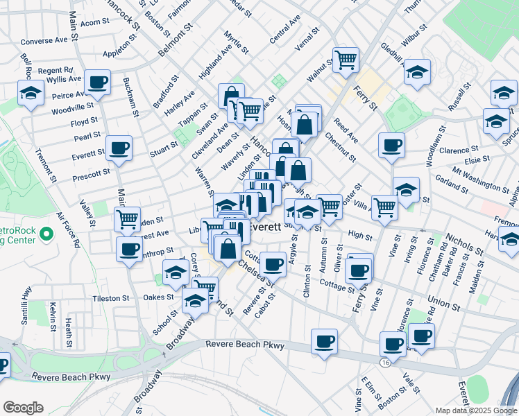 map of restaurants, bars, coffee shops, grocery stores, and more near 524 Broadway in Everett