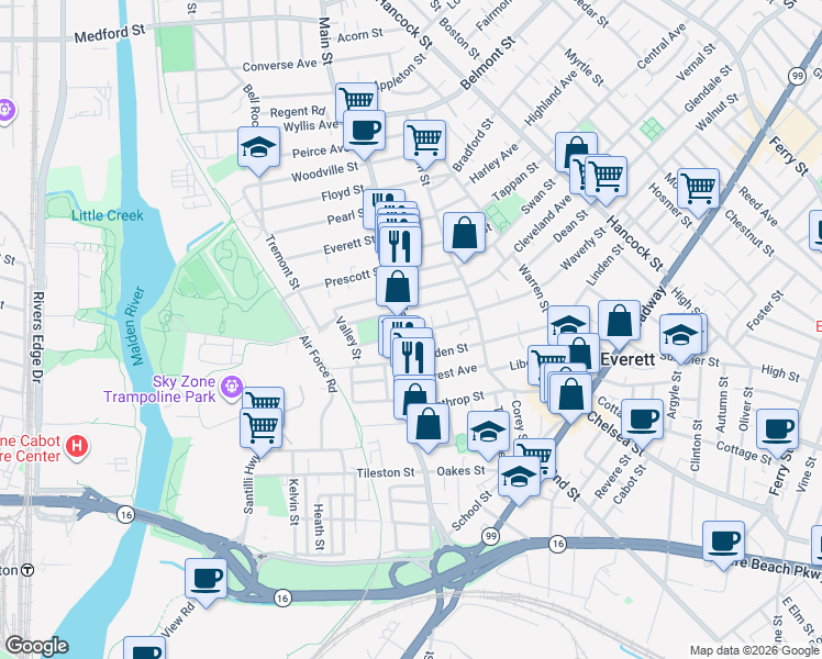 map of restaurants, bars, coffee shops, grocery stores, and more near 254 Main Street in Everett