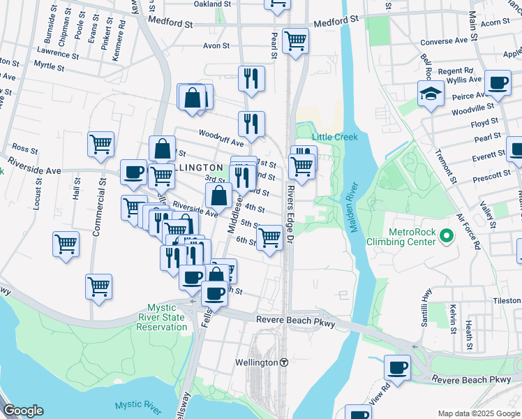 map of restaurants, bars, coffee shops, grocery stores, and more near 35 4th Street in Medford