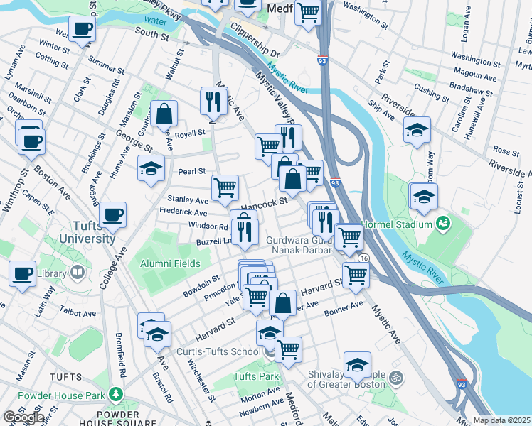 map of restaurants, bars, coffee shops, grocery stores, and more near 37 Hancock Street in Medford