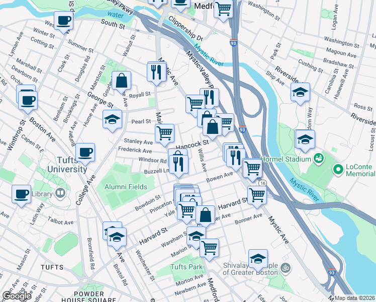 map of restaurants, bars, coffee shops, grocery stores, and more near 37 Hancock Street in Medford