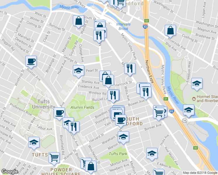 map of restaurants, bars, coffee shops, grocery stores, and more near 10 Hancock Street in Medford