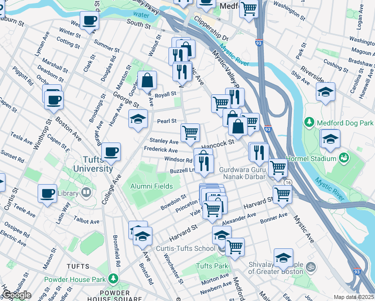 map of restaurants, bars, coffee shops, grocery stores, and more near 16 Stanley Avenue in Medford