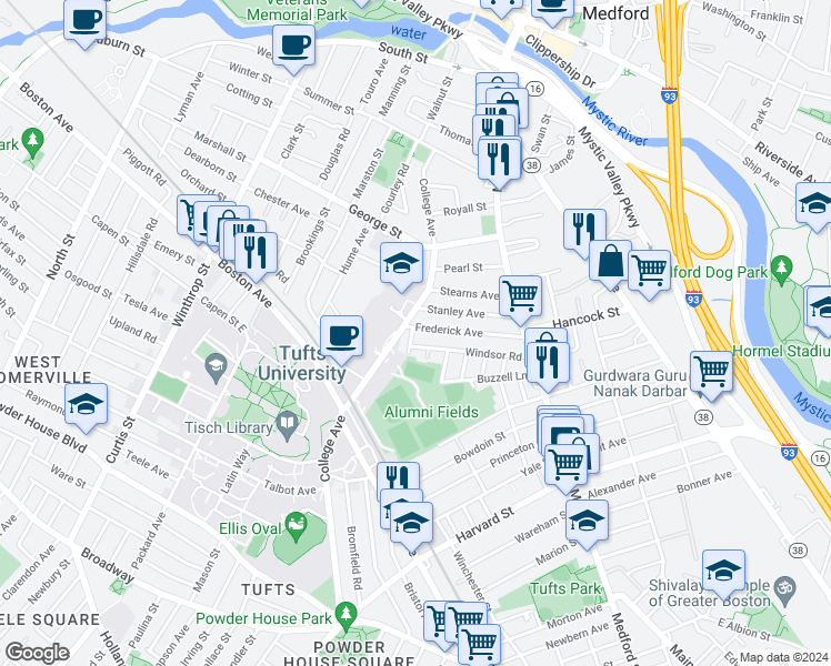 map of restaurants, bars, coffee shops, grocery stores, and more near 105 Frederick Avenue in Medford