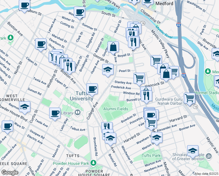 map of restaurants, bars, coffee shops, grocery stores, and more near 105 Frederick Avenue in Medford