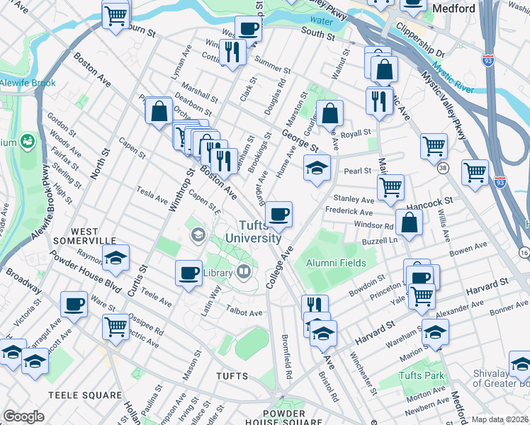 map of restaurants, bars, coffee shops, grocery stores, and more near 113 Burget Avenue in Medford