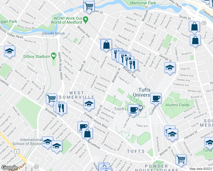 map of restaurants, bars, coffee shops, grocery stores, and more near 20 Tesla Avenue in Medford