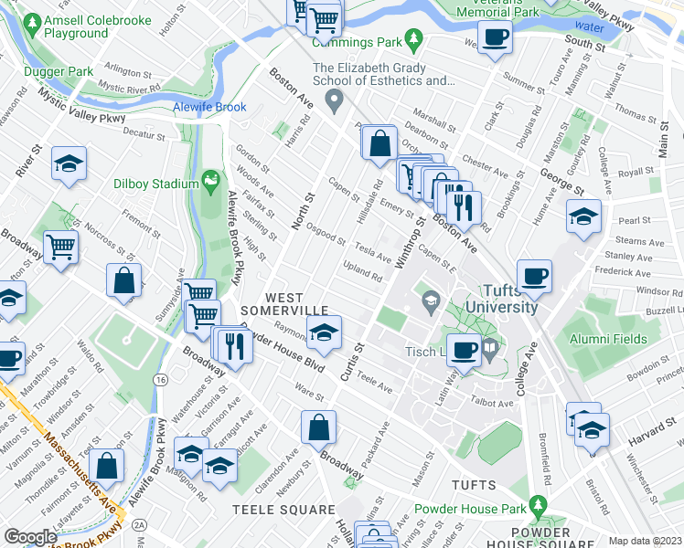 map of restaurants, bars, coffee shops, grocery stores, and more near 48 Upland Road in Somerville