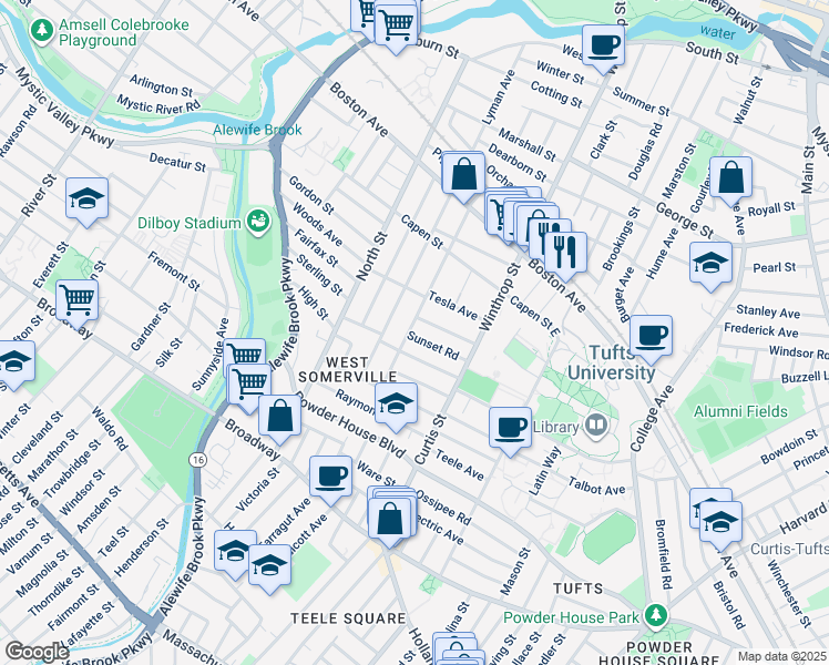 map of restaurants, bars, coffee shops, grocery stores, and more near 48 Upland Road in Somerville