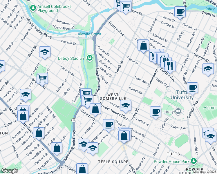map of restaurants, bars, coffee shops, grocery stores, and more near 121 North Street in Somerville