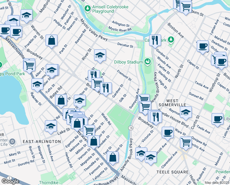 map of restaurants, bars, coffee shops, grocery stores, and more near 26 Gardner Street in Arlington