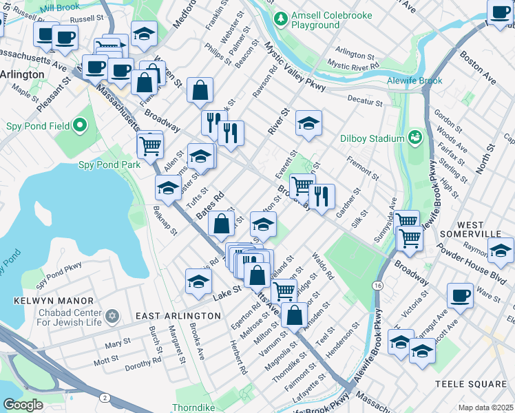 map of restaurants, bars, coffee shops, grocery stores, and more near 80 Everett Street in Arlington
