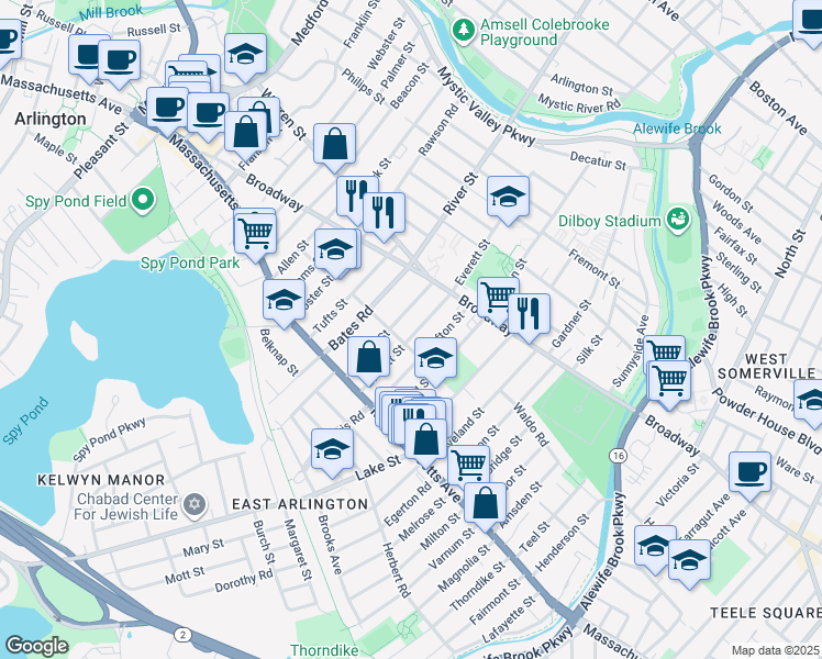 map of restaurants, bars, coffee shops, grocery stores, and more near 80 Everett Street in Arlington