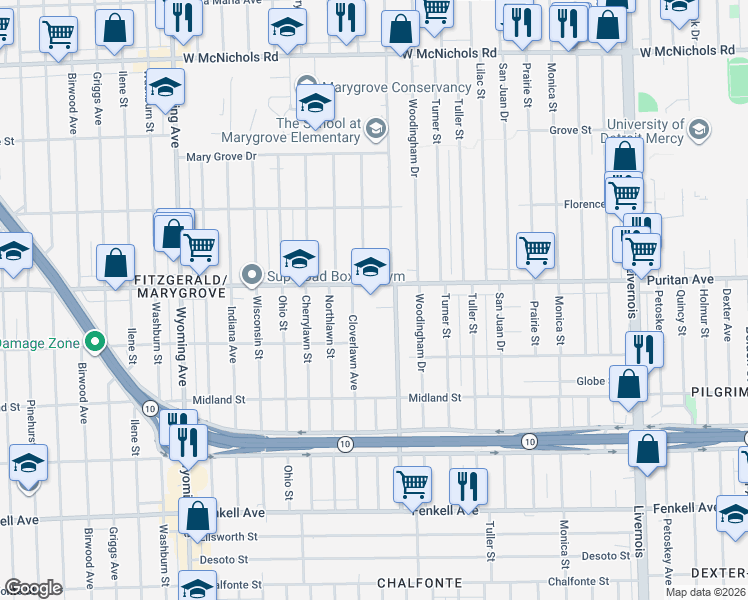 map of restaurants, bars, coffee shops, grocery stores, and more near 8100 Puritan Avenue in Detroit