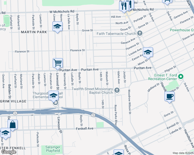 map of restaurants, bars, coffee shops, grocery stores, and more near 15900 Log Cabin Street in Detroit