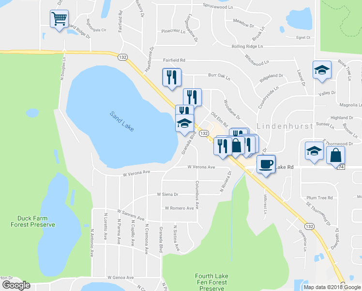 map of restaurants, bars, coffee shops, grocery stores, and more near 37584 Granada Boulevard in Lindenhurst