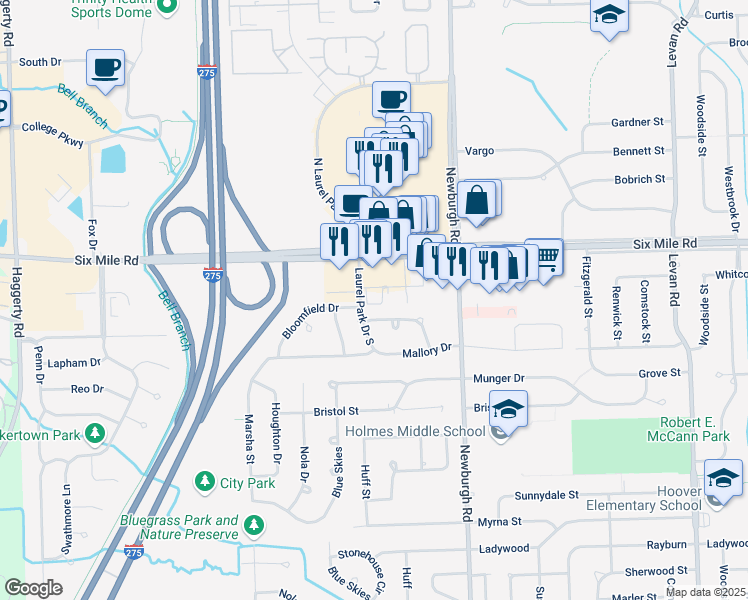 map of restaurants, bars, coffee shops, grocery stores, and more near 37799 Professional Center Drive in Livonia