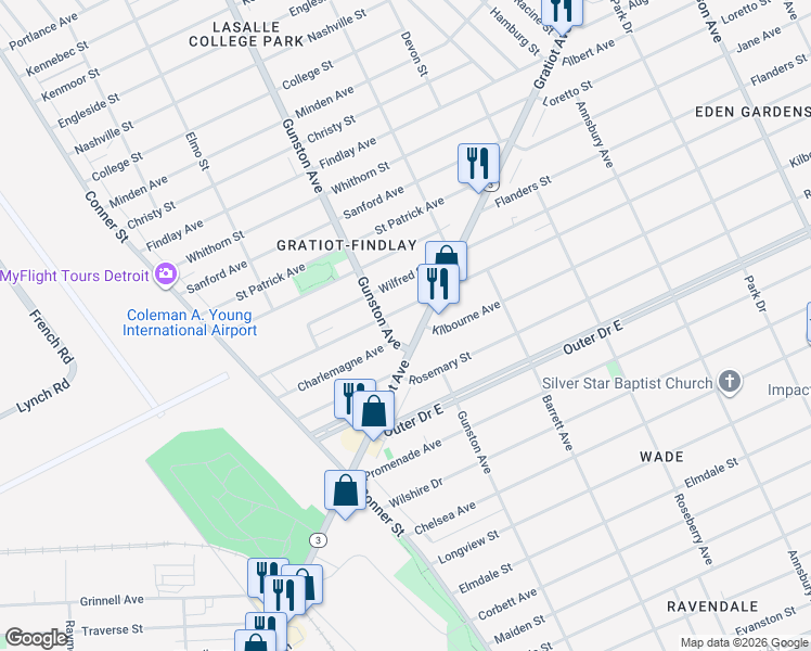 map of restaurants, bars, coffee shops, grocery stores, and more near 11187 Gratiot Avenue in Detroit
