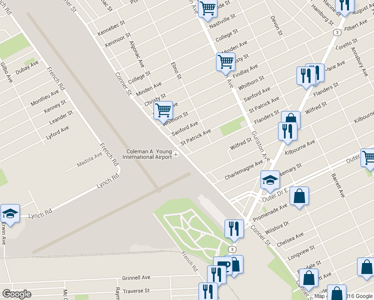 map of restaurants, bars, coffee shops, grocery stores, and more near 11510 Conner Avenue in Detroit