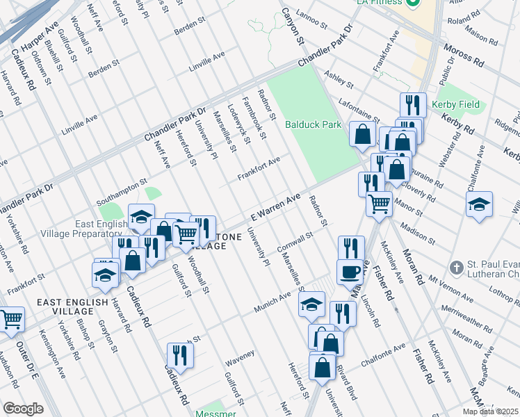 map of restaurants, bars, coffee shops, grocery stores, and more near 17751 East Warren Avenue in Detroit