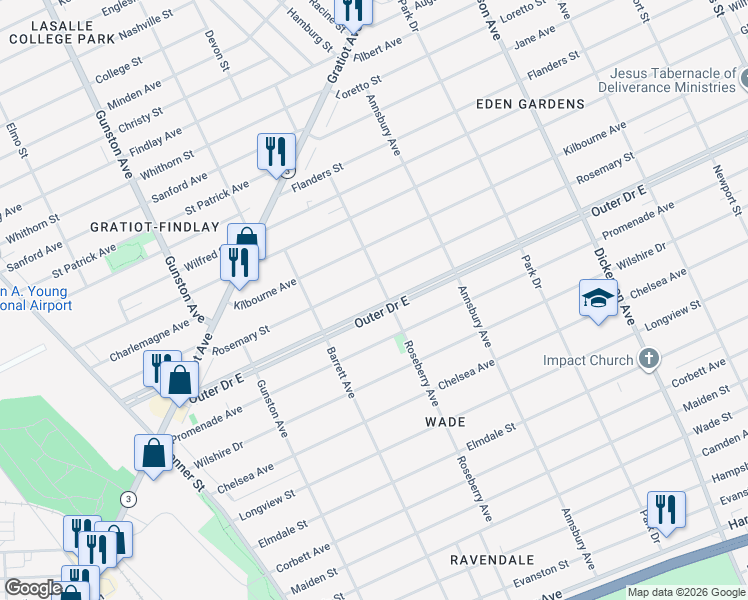 map of restaurants, bars, coffee shops, grocery stores, and more near 8523 Outer Drive East in Detroit